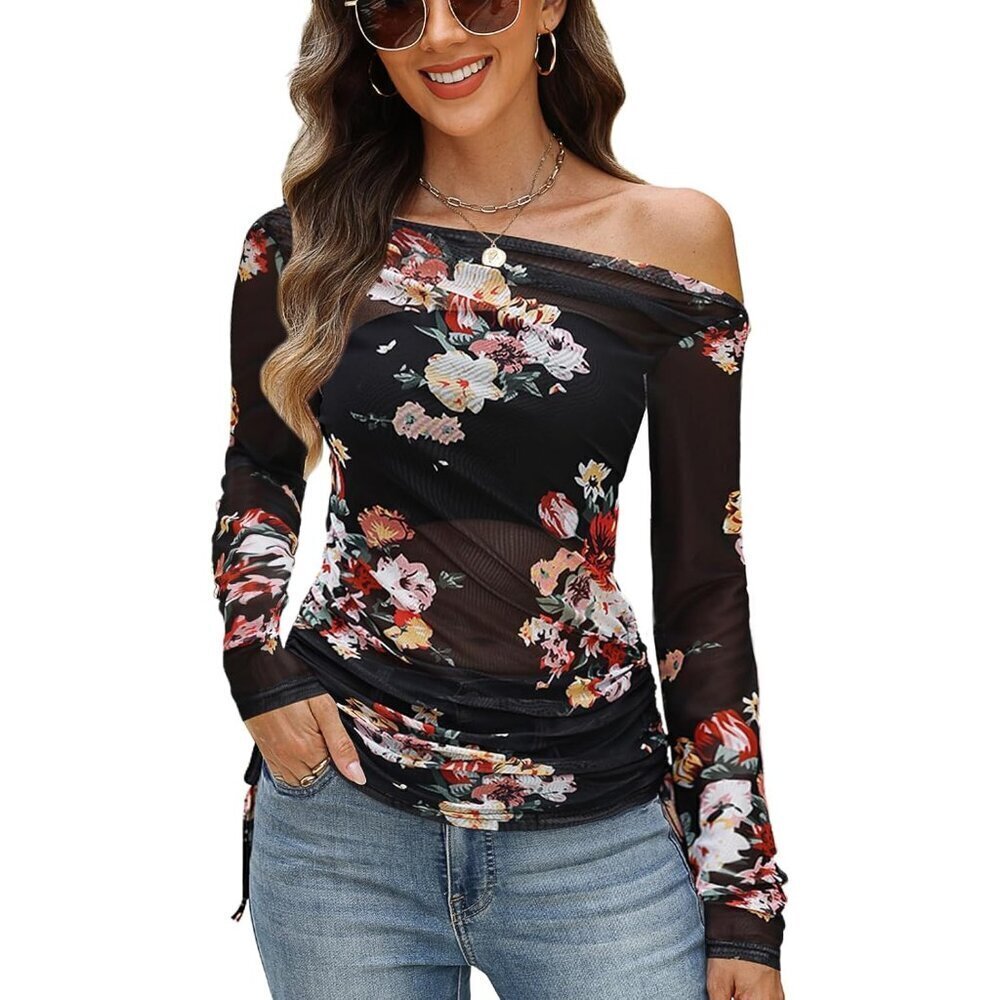 Womens Off Shoulder Top Long Sleeve Floral Mesh Shirt Trendy Outfits